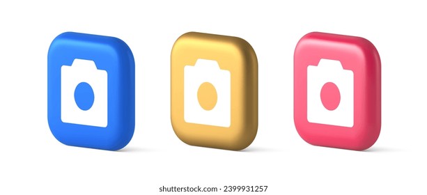 Photo video camera multimedia content creation button optical lens zoom device 3d realistic blue gold and pink icons. Photographing electronic media film user interface application