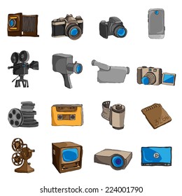 Photo video camera and multimedia entertainment technology doodle colored icons set isolated vector illustration