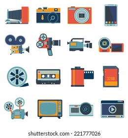 Photo video camera and multimedia equipment flat icons set isolated vector illustration