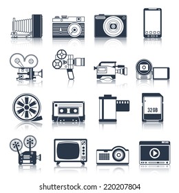 Photo video camera and multimedia professional equipment black icons set isolated vector illustration