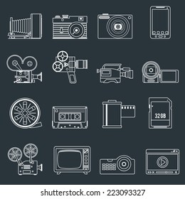 Photo video camera and multimedia professional entertainment equipment outline icons set isolated vector illustration