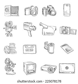 Photo video camera and multimedia professional equipment doodle icons set isolated vector illustration