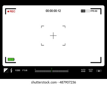 Photo or video camera viewfinder with exposure and settings on screen, vector illustration