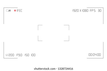 Photo or video camera viewfinder grid with many shooting settings on screen. Record video snapshot photography. Video camera viewfinder template. Video rec screen.