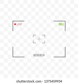 Photo or video camera viewfinder grid with many shooting settings on screen like AF dot, exposure and camera options. Recording led blinked. Realistic corner fall off. Vector background