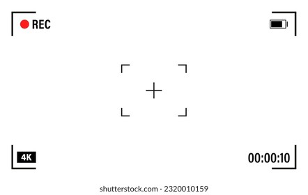 Photo or video camera viewfinder grid with many shooting settings on screen. Focusing screen of the camera. Viewfinder camera recording. Template for your design. Filming 4k. Vector illustration