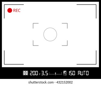 Photo or video camera viewfinder grid screen with AF dot, exposure and camera settings. Recording led blinked. Vector background