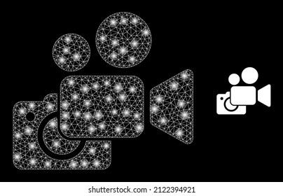 Photo and video cameras icon and bright mesh net photo and video cameras model with glossy spots. Illuminated model generated using photo and video cameras vector icon and triangulated mesh.