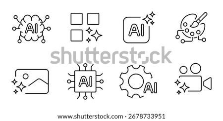 Photo and video content AI generation. AI content creation symbols. Vector editable stroke icons.