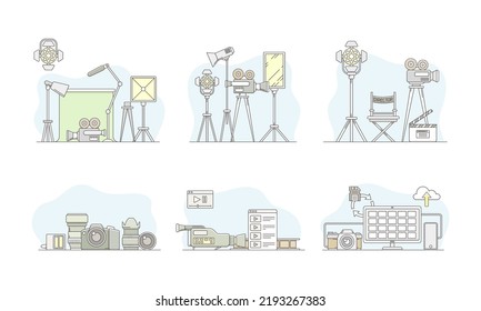 Producción de imágenes de contenido fotográfico y de vídeo en la producción de películas con conjunto de vectores de línea de grabación de imágenes en movimiento y cámara de películas