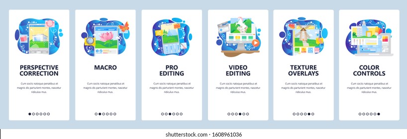 Photo and video editing software, macro photography, color enhancements. Mobile app onboarding screens. Menu vector banner template for website and mobile development. Web site design flat
