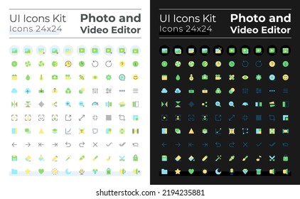 Photo and video editor flat color ui icons set for dark, light mode. Media files editing tools. GUI, UX design for mobile app. Vector isolated RGB pictograms. Montserrat Bold, Light fonts used