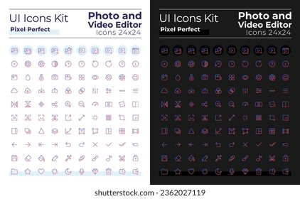 Photo and video editor pixel perfect gradient linear ui icons set for dark, light mode. Line contour user interface symbols. Modern style pictograms. Vector isolated outline illustrations