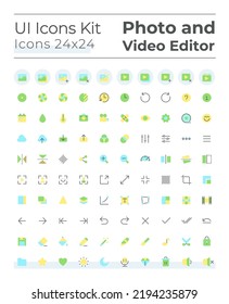 Photo and video editor tools flat color ui icons set. Multimedia files adjustment. Digital program. GUI, UX design for mobile app. Vector isolated RGB pictograms. Montserrat Bold, Light fonts used