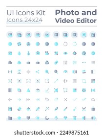 Photo and video editor tools flat gradient color ui icons set. Multimedia adjustment. Digital program. Vector isolated RGB pictograms. GUI, UX design for web, mobile. Montserrat Bold, Light fonts used
