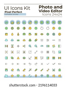 Photo and video editor tools pixel perfect RGB color ui icons set. Digital program. GUI, UX design for mobile app. Vector isolated pictograms. Editable stroke. Montserrat Bold, Light fonts used