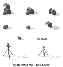 Photo and video equipment isometric low poly icon set vector graphic illustration