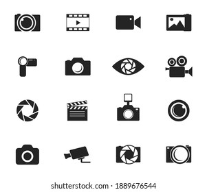 Photo And Video Icon Set. Icons Of Photography, Image, Photo Gallery, Video Camera And Photo Camera. Diaphragm Icon. Image, Photo Gallery Vector Illustration.