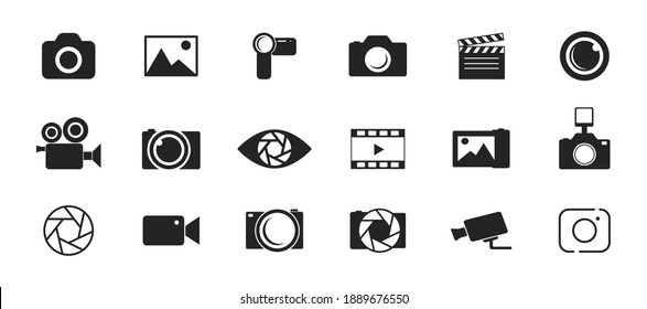 Photo and video icon set. Icons of photography, image, photo gallery, video camera and photo camera. Diaphragm icon. image, photo gallery Vector illustration.