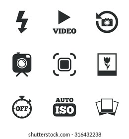 Photo, video icons. Camera, photos and frame signs. Flash, timer and macro symbols. Flat icons on white. Vector