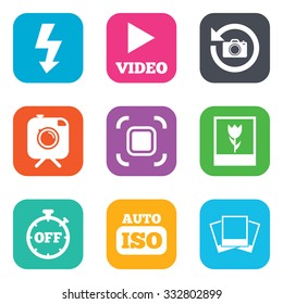 Photo, video icons. Camera, photos and frame signs. Flash, timer and macro symbols. Flat square buttons. Vector