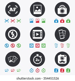 Photo, video icons. Camera, photos and frame signs. No flash, timer and strips symbols. Flat circle buttons with icons.