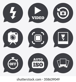 Photo, video icons. Camera, photos and frame signs. Flash, timer and macro symbols. Flat icons in speech bubble pointers.