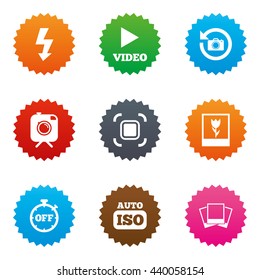 Photo, video icons. Camera, photos and frame signs. Flash, timer and macro symbols. Stars label button with flat icons. Vector