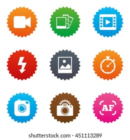 Photo, video icons. Camera, photos and frame signs. Flash, timer and landscape symbols. Stars label button with flat icons. Vector