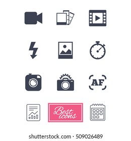 Photo, video icons. Camera, photos and frame signs. Flash, timer and landscape symbols. Report document, calendar icons. Vector