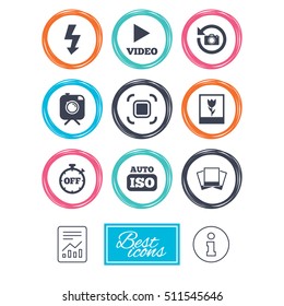 Photo, video icons. Camera, photos and frame signs. Flash, timer and macro symbols. Report document, information icons. Vector
