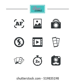 Photo, video icons. Camera, photos and frame signs. No flash, timer and strips symbols. Black flat icons. Classic design. Vector