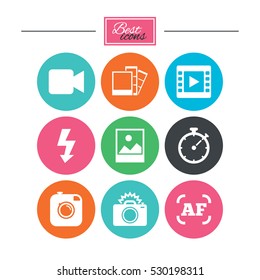 Photo, video icons. Camera, photos and frame signs. Flash, timer and landscape symbols. Colorful flat buttons with icons. Vector