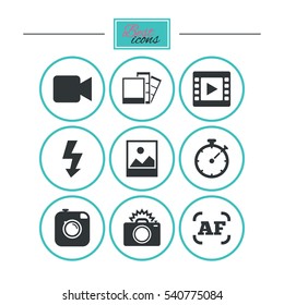 Photo, video icons. Camera, photos and frame signs. Flash, timer and landscape symbols. Round flat buttons with icons. Vector