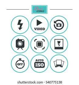Photo, video icons. Camera, photos and frame signs. Flash, timer and macro symbols. Round flat buttons with icons. Vector