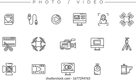 Photo and Video icons. Line style vector set