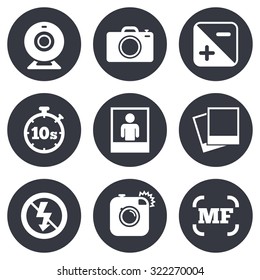 Photo, video icons. Web camera, photos and frame signs. No flash, timer and portrait symbols. Gray flat circle buttons. Vector