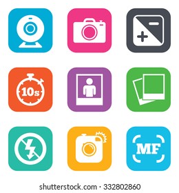 Photo, video icons. Web camera, photos and frame signs. No flash, timer and portrait symbols. Flat square buttons. Vector