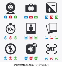 Photo, video icons. Web camera, photos and frame signs. No flash, timer and portrait symbols. Flat black, red, blue and green icons.