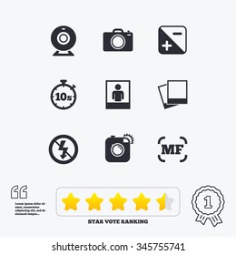 Photo, video icons. Web camera, photos and frame signs. No flash, timer and portrait symbols. Star vote ranking. Award achievement and quotes.