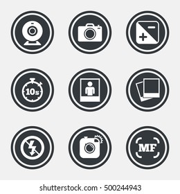 Photo, video icons. Web camera, photos and frame signs. No flash, timer and portrait symbols. Circle flat buttons with icons and border. Vector