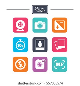 Photo, video icons. Web camera, photos and frame signs. No flash, timer and portrait symbols. Colorful flat square buttons with icons. Vector