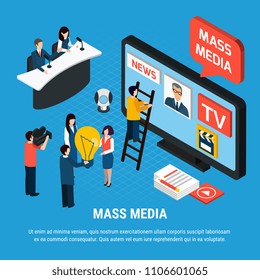 Photo video isometric background composition with mass media news reporters and journalist characters with editable text vector illustration