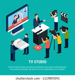 Photo video isometric background composition with editable text and human characters of professional television studio workers vector illustration