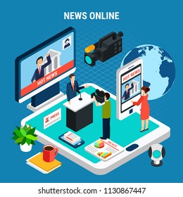 Photo video isometric composition with conceptual images of gadgets and news reporter in studio with text vector illustration