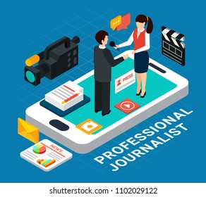 Photo video isometric conceptual composition with pictograms and smartphone with interview subject and reporter human characters vector illustration