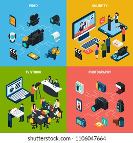 Photo video isometric design concept with icons of professional tv and photographic equipment with human characters vector illustration