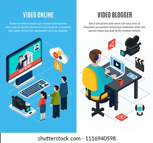 Photo video isometric vertical banners set with mass media and video blogging images with editable text vector illustration