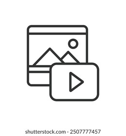Foto und Video, im Liniendesign. Fotografie, Videografie, Kamera, Videokamera, Filmproduktion, Fotobearbeitung, Videobearbeitung auf weißem Hintergrund, Vektor. Foto- und Video-Strichsymbol.