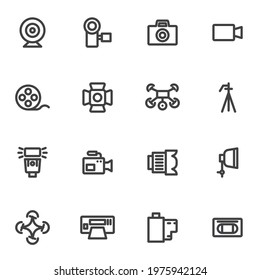 Photo and video line icons set, outline vector symbol collection, linear style pictogram pack. Signs, logo illustration. Set includes icons as photo camera lens, film strip, tripod, softbox, drone